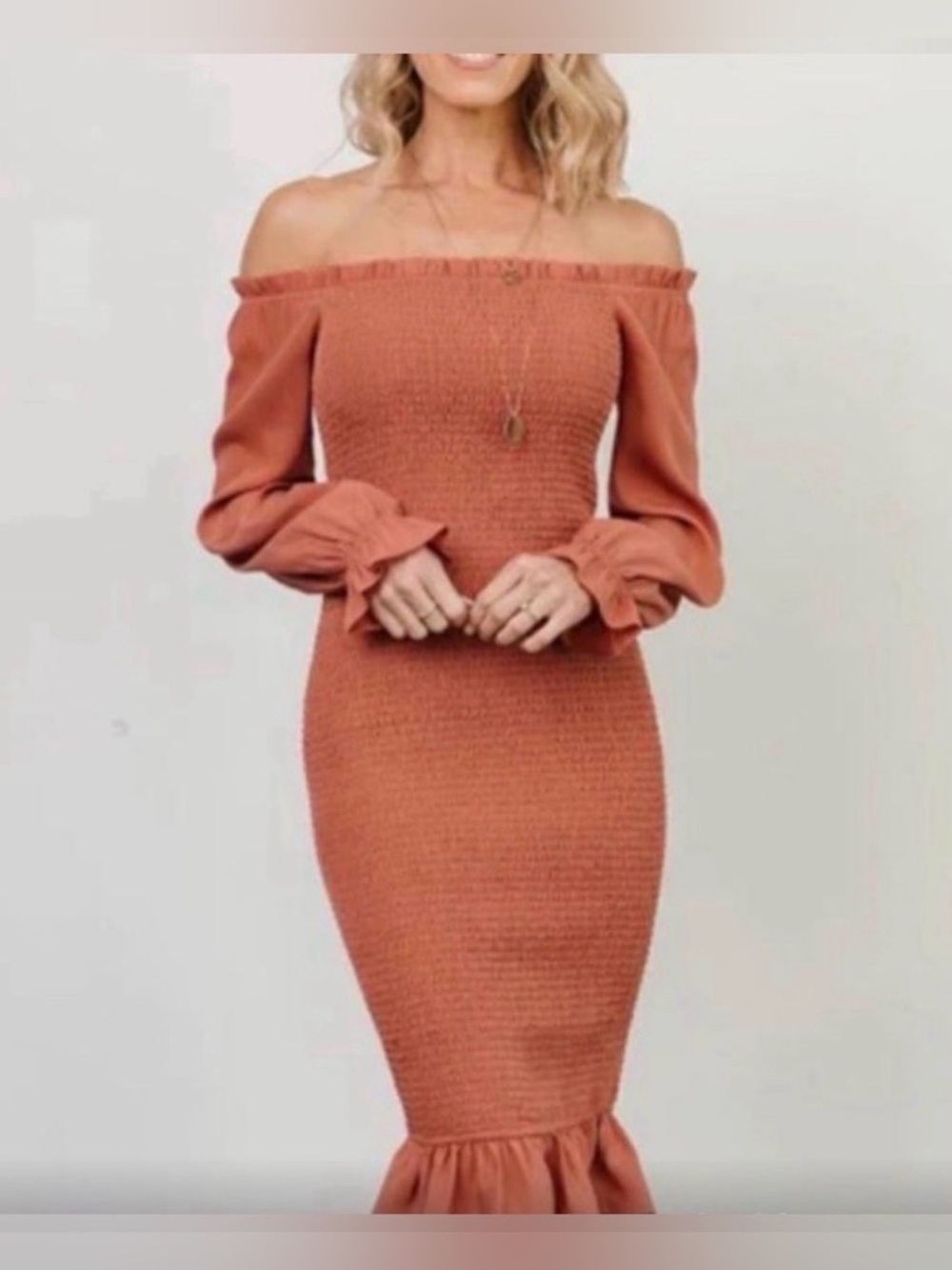 Baltic Born Smocked Body Con Off Shoulder Midi Dress Long Sleeve New Sz L